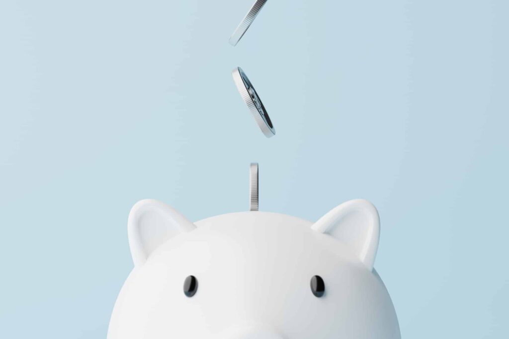 Silver coins fall into a piggy bank.